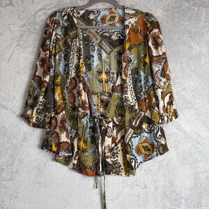 Cream Melody Blouse Womens 38 Medium Patchwork Paisley Tie Front Wrap Top Multi
